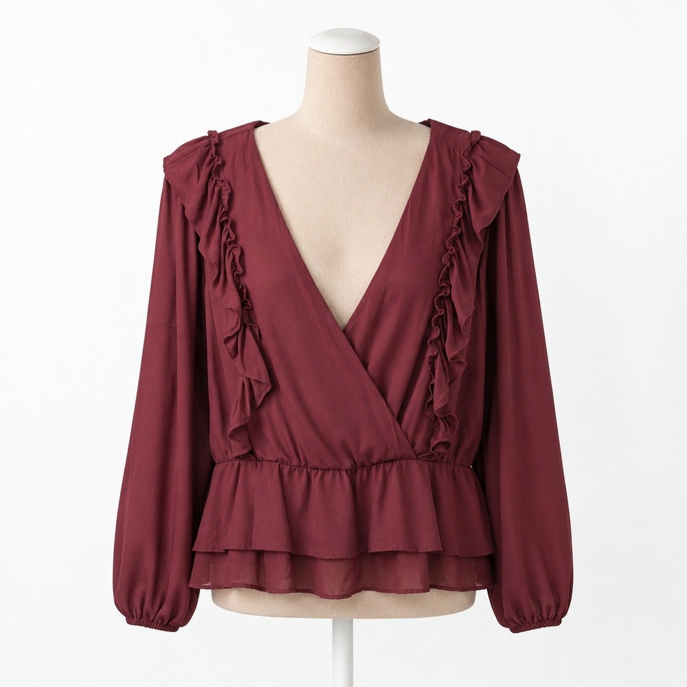 Romantic Ruffle Long Sleeve Peplum Peasant Top M Burgundy Cottagecore Ren Faire‎